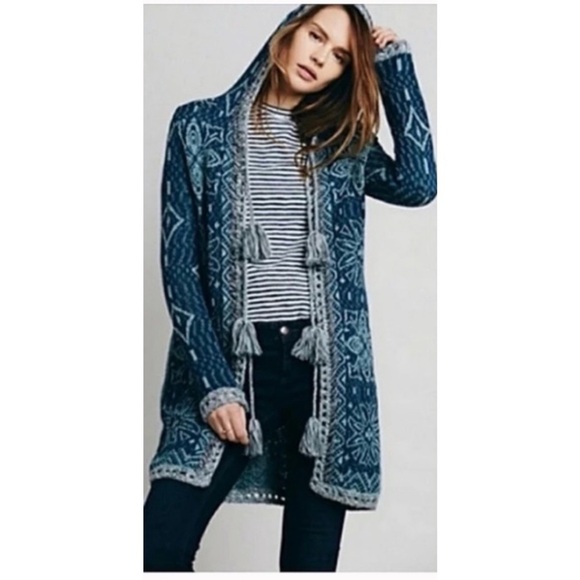 Free People Kai Pom Pom Fringe Geo Print Hooded Longline Long Cardigan Sweater M - Picture 8 of 9